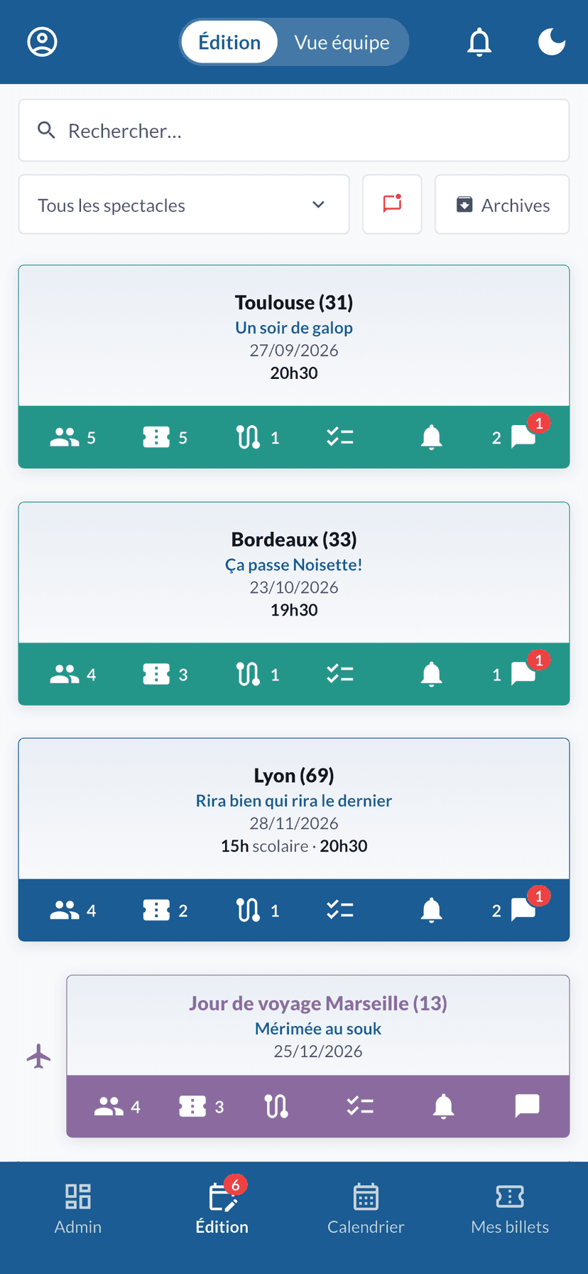 L'écran Édition d'OTour : la liste des dates de tournée, ville par ville, avec pour chacune l'équipe, les billets, les trajets et les messages.